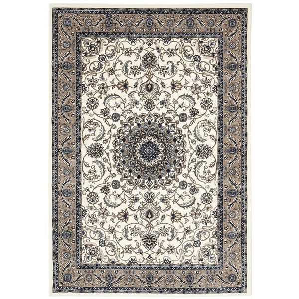 White traditional rug with intricate beige border and central medallion pattern.