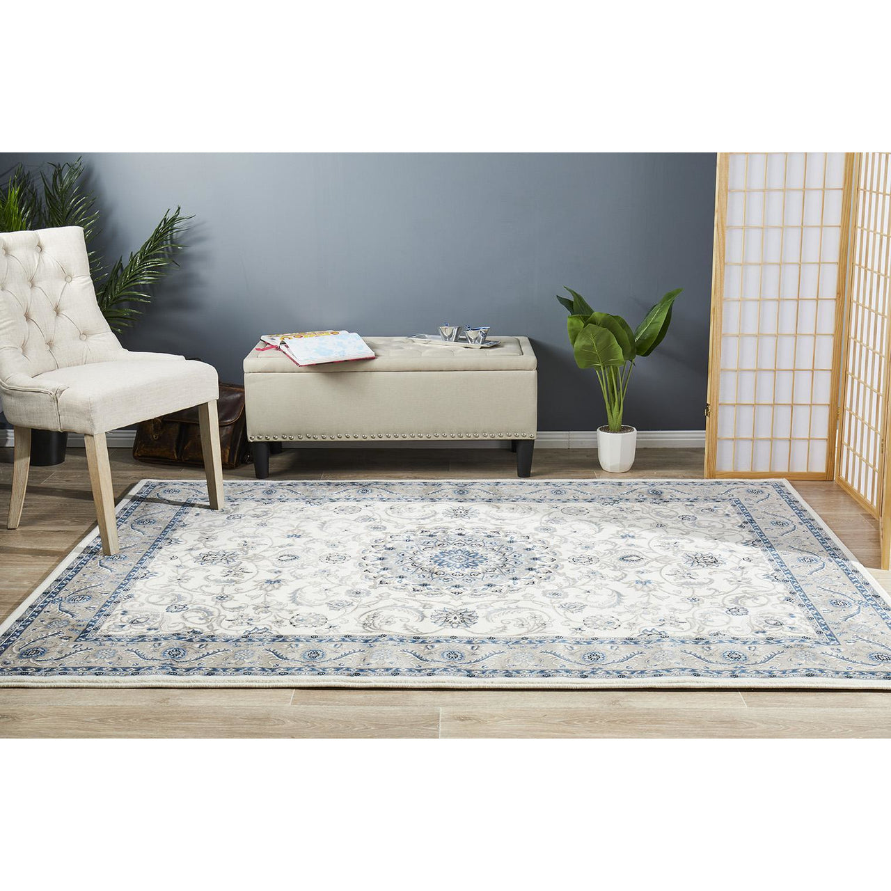 White Boarder Rug Charook 2375 White Traditional Pattern Beige Border Rug – Rugs Of Beauty