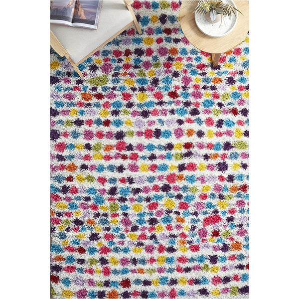 Multi-colored dot pattern shaggy rug with a soft, plush polypropylene pile.