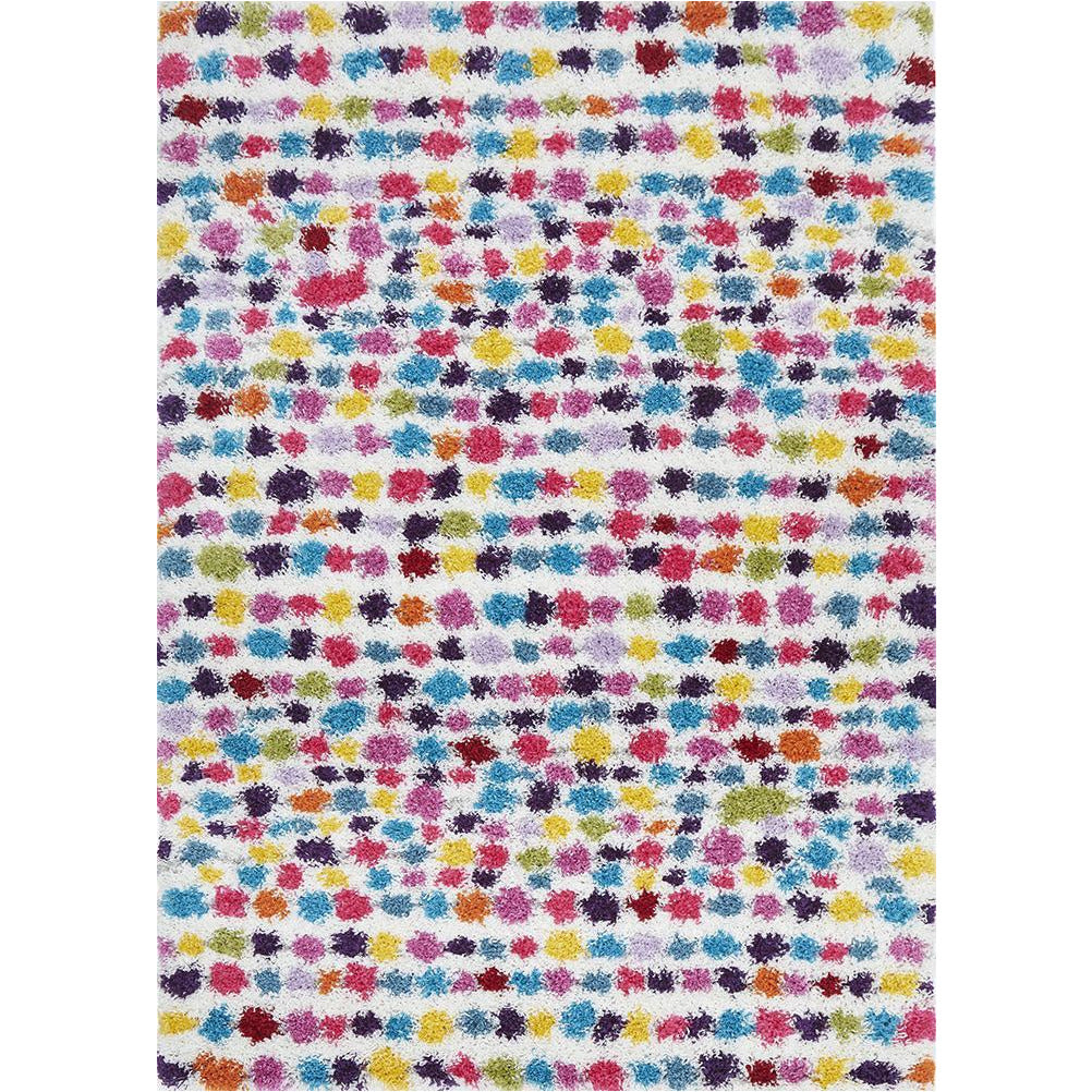 Rectangular shaggy rug with dense multicolor dots on a white background, soft polypropylene texture.